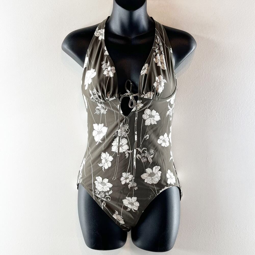 DKNY Foral Halter Plunge Tie Front One Piece Swimsuit Green 12 - Picture 1 of 4